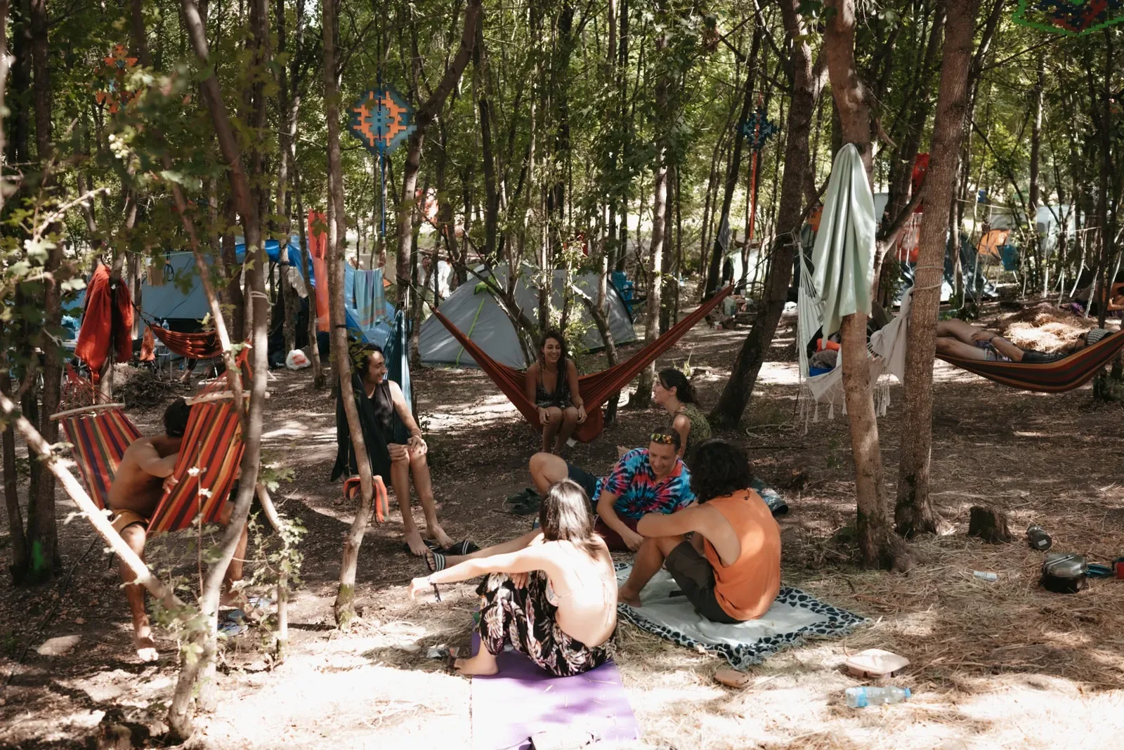 Hammocks and tents in the shade of the forest camp